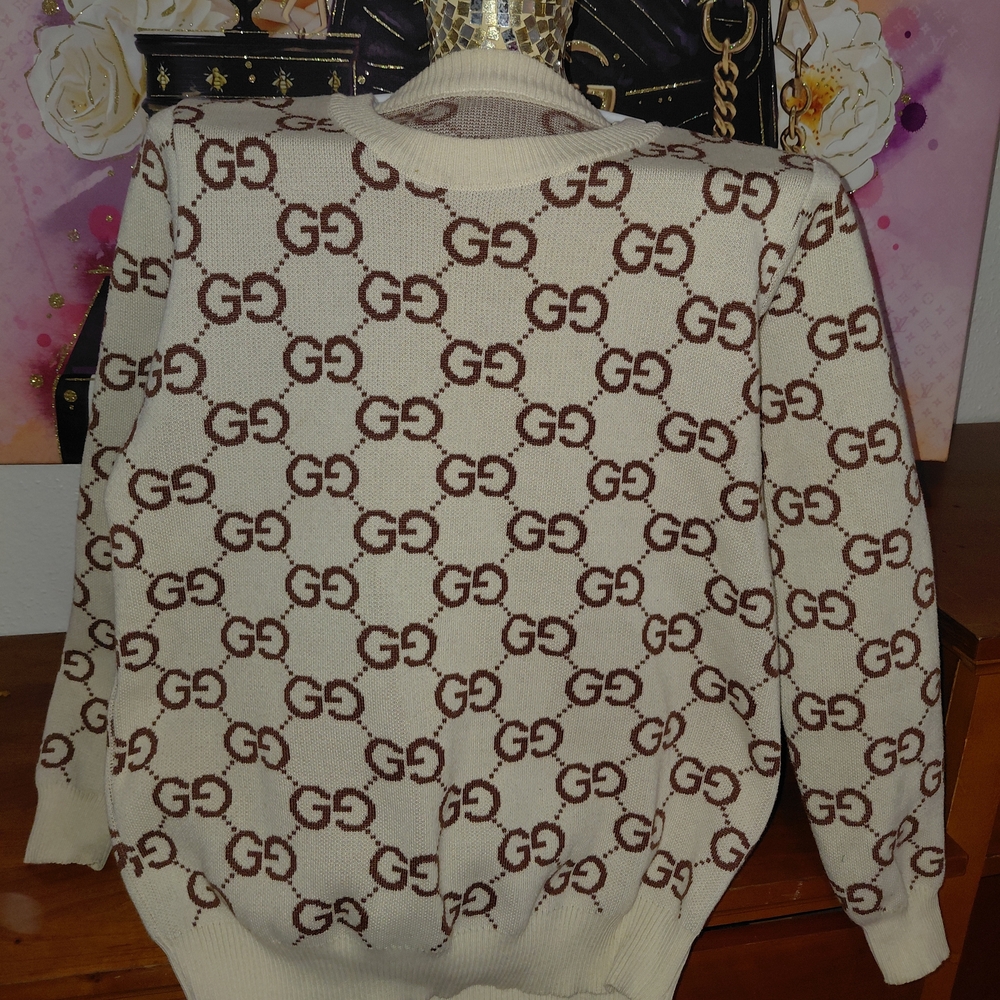 Fashion Beige and Chocolate Designer Logo Sweater
